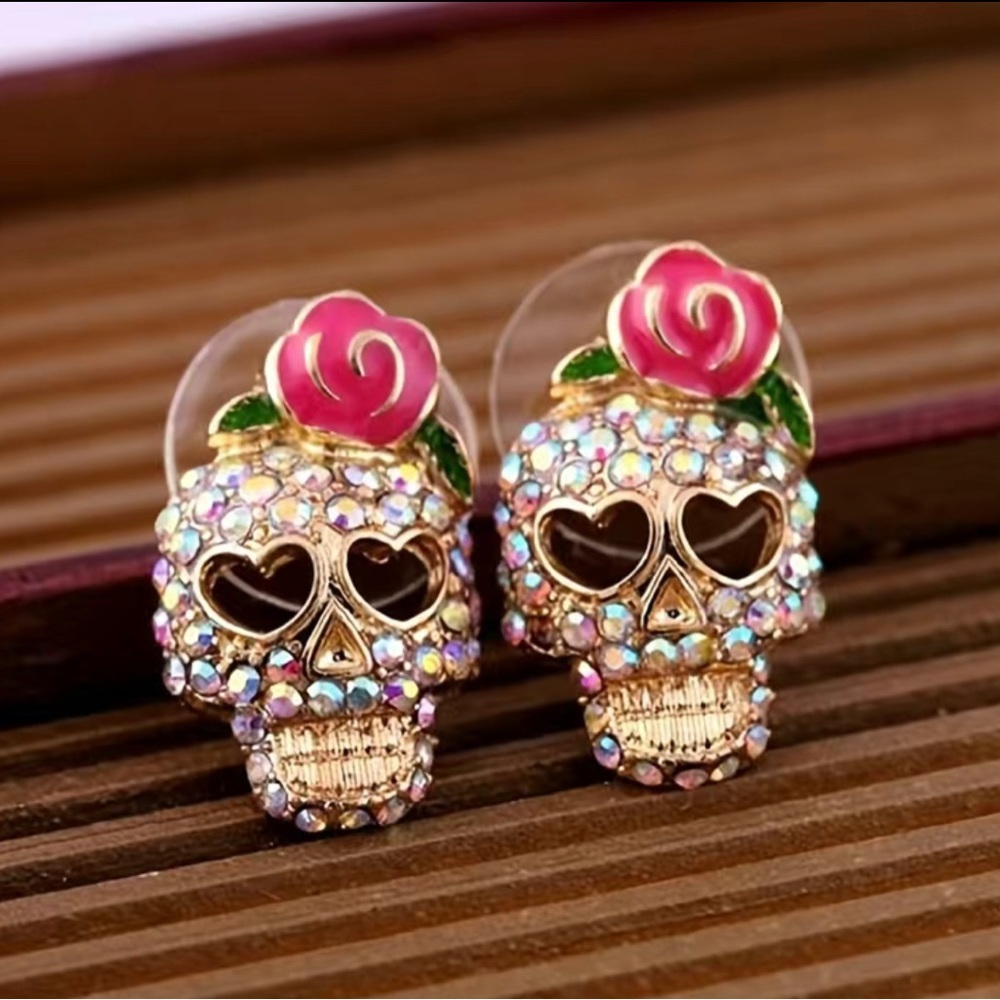 Betsy Johnson Skull Rhinestone Rose Stud Earrings